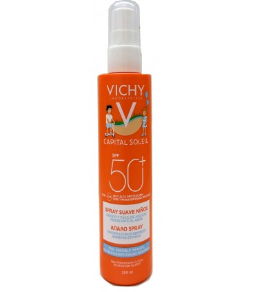 VICHY CAPITAL SOLEIL 50+ NIÑOS SPRAY SUAVE 200 ML,protección piel frágil,encuentralo en FARMACIA SUBIRATS.